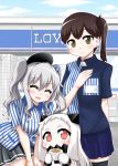  3girls :d ^_^ beret black_legwear blue_sky blush brand_name_imitation brown_eyes brown_hair closed_eyes clouds cloudy_sky commentary_request contemporary convenience_store covered_mouth curly_hair dress dumpling employee_uniform food hand_on_own_chest hat holding horns kaga_(kantai_collection) kantai_collection kashima_(kantai_collection) lawson leaning_forward long_hair multiple_girls name_tag northern_ocean_hime open_mouth pale_skin pleated_skirt red_eyes shinkaisei-kan shirt shop side_ponytail size_difference skirt sky smile striped striped_shirt thigh-highs twintails uniform vertical_stripes white_dress white_hair yamato_nadeshiko zettai_ryouiki 