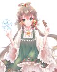  1girl :o bangs bell blush brown_hair dress eyebrows_visible_through_hair fingernails food gingerbread_man green_dress green_eyes hair_bell hair_between_eyes hair_ornament head_tilt hexagram highres holding holding_food long_hair long_sleeves low_twintails luo_tianyi parted_lips shirt sidelocks simple_background solo star star_of_david twintails very_long_hair vocaloid vocanese white_background white_shirt wide_sleeves yaduo 