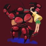  1girl antennae beanie black_eyes black_hair bright_pupils buzzwole female_protagonist_(pokemon_sm) green_shorts hat insect_wings looking_at_another mosquito muscle pleo pokemon pokemon_(game) pokemon_sm red_background red_hat shirt shoes short_hair short_sleeves shorts simple_background sneakers solo ultra_beast wings yellow_shirt 