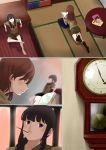  2girls bangs blunt_bangs book bookshelf brown_eyes brown_hair clock comic delusion_empire female food indoors kantai_collection kitakami_(kantai_collection) long_hair lying multiple_girls on_stomach ooi_(kantai_collection) pocky school_uniform serafuku skirt uniform 