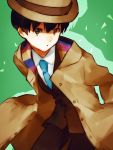  1boy :o black_hair blue_necktie brown_eyes cowboy_shot formal green_background hat leaning_forward looking_at_viewer male_focus moritsuka_shun necktie occultic;nine open_mouth shaded_face silhouette simple_background suit toroino trench_coat 