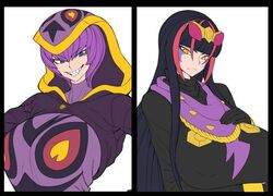  2girls arbok black_hair blue_eyes breasts ekans facepaint headdress hood huge_breasts multiple_girls personification pokemon purple_hair sharp_teeth space_jin teeth yellow_eyes 