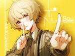  1boy :o artist_name blush brown_hair brown_necktie character_name eyebrows finger_to_mouth highres koi_dance koniro male_focus necktie niconico open_mouth pinstripe_pattern simple_background song_name sou_(niconico) suspenders upper_body yellow_background 