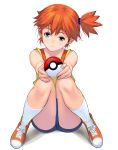  denim denim_shorts highres holding holding_poke_ball kasumi_(pokemon) masao orange_hair poke_ball pokemon pokemon_(anime) shoes shorts side_ponytail sneakers suspenders thighs 