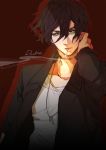  1boy black_hair black_jacket cigarette duke_macgahan green_eyes injury jacket short_hair solo spoilers the_crooked_man wavy_hair 