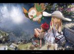  2girls bag bangs beanie blonde_hair blue_eyes blunt_bangs blurry book braid brown_hair day depth_of_field dress duffel_bag female_protagonist_(pokemon_sm) from_above frown green_eyes hair_tucking hand_up hat highres legs_together letterboxed lillie_(pokemon) long_hair looking_at_viewer looking_to_the_side magnemite multiple_girls novelance outdoors plant poke_ball pokemon pokemon_(game) pokemon_sm pond reflection ripples rowlet shirt shoes short_hair shorts sign sitting sneakers standing sun_hat sundress white_dress white_shirt 