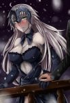  1boy 1girl bare_shoulders black_gloves blush breasts cleavage command_spell elbow_gloves fate/grand_order fate_(series) frown fujimaru_ritsuka_(male) gloves hand_holding handrail headpiece highres jeanne_alter large_breasts long_hair neck_ribbon night pale_skin ribbon ruler_(fate/apocrypha) sanmotogoroo silver_hair snowing solo_focus yellow_eyes 
