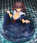  1girl blue_eyes breasts brown_hair checkered checkered_floor cleavage curtsey hair_ribbon highres large_breasts long_hair looking_at_viewer masao original ribbon ripples smile solo wading water 