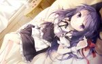  1girl animal_ears cafe_sourire cat_ears highres legs long_hair looking_at_viewer lying maid nyanya on_back on_bed purple_hair smile solo violet_eyes yukishita_miyuri 