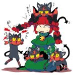  1girl animal_ears bell bell_collar bow braid cat_ears cat_paws cat_tail closed_eyes collar commentary_request crossover dress furukawa_(yomawari) green_dress hair_bow kaenbyou_rin kneeling litten_(pokemon) multiple_tails one_eye_closed open_mouth paws pokemon pokemon_(game) pokemon_sm redhead siblings striped tail touhou translation_request twin_braids two_tails yellow_eyes 