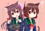  2girls :t animal_ears black_bra blue_jacket bra brown_hair cat_cutout cat_ears cat_lingerie cat_tail cleavage_cutout crescent crescent_moon_pin directional_arrow frilled_bra frills hair_ornament holding holding_bra jacket kantai_collection kisaragi_(kantai_collection) long_hair multiple_girls mutsuki_(kantai_collection) nagasioo pout red_eyes remodel_(kantai_collection) school_uniform serafuku short_hair tail translation_request underwear violet_eyes 