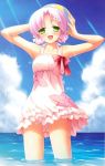  1girl absurdres arms_up bangs blush cafe_sourire clouds cloudy_sky collarbone cowboy_shot dress green_eyes hair_ornament hairclip highres light_rays looking_at_viewer mizushima_kasumi natsume_eri ocean open_mouth parted_bangs pink_hair short_hair sky smile solo sundress swimsuit swimsuit_under_clothes 