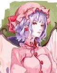  1girl bat_wings earrings ef_(ppps33) eyelashes faux_traditional_media green_background hat hat_ribbon heart heart_earrings high_collar jewelry lavender_hair lips looking_at_viewer mob_cap older parted_lips pin red_eyes remilia_scarlet ribbon short_hair sketch solo touhou upper_body wings 