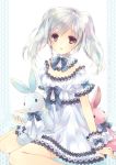  1girl artist_name braid brown_eyes doll dress hayase_akira lace lace-trimmed_collar lace-trimmed_dress lace-trimmed_sleeves lace_hairband original ribbon silver_hair simple_background sitting striped striped_ribbon tagme twintails wariza white_dress 