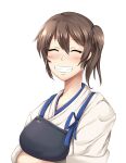  1girl :d ^_^ absurdres brown_hair closed_eyes crossed_arms grin highres japanese_clothes kaga_(kantai_collection) kantai_collection long_hair looking_at_viewer muneate open_mouth side_ponytail simple_background smile solo tasuki wangphing white_background 