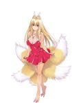  1girl animal_ears bare_legs barefoot blonde_hair breasts cleavage dress fox_ears fox_tail full_body kayou_(sennen_sensou_aigis) large_breasts long_hair multiple_tails nail_polish nishiki_yoshimune red_dress sennen_sensou_aigis skirt smile solo strapless strapless_dress tail transparent_background 