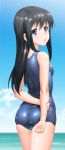  1girl alternate_costume arm_grab arms_behind_back asashio_(kantai_collection) ass bare_arms bare_shoulders black_hair blue_eyes blue_swimsuit blurry breasts byeontae_jagga clouds commentary_request cowboy_shot depth_of_field from_behind hair_between_eyes highres kantai_collection long_hair looking_at_viewer ocean one-piece_swimsuit school_swimsuit school_uniform shiny shiny_clothes sidelocks skindentation sky small_breasts swimsuit thighs 