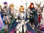  1girl 4boys armor astarone bedivere cape fate/grand_order fate_(series) full_armor gauntlets gawain_(fate/extra) green_eyes helmet holding holding_sword holding_weapon horns knight lancelot_(fate/grand_order) long_hair multiple_boys pauldrons petals purple_hair redhead saber_of_red sword tristan_(fate/grand_order) weapon 