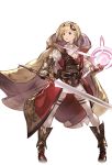  1girl armor belt belt_pouch blonde_hair boots breastplate brown_eyes cape collar djeeta_(granblue_fantasy) gauntlets granblue_fantasy headband holding holding_weapon hood looking_away magic minaba_hideo open_mouth skirt solo sword thigh-highs transparent_background weapon white_legwear zettai_ryouiki 