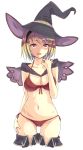  1girl alternate_costume bad_hands bangs bikini blonde_hair breasts capelet collarbone commentary_request cowboy_shot djeeta_(granblue_fantasy) granblue_fantasy halter_top halterneck hand_on_hip hat highres large_breasts looking_at_viewer midriff navel open_mouth pink_eyes red_bikini shiny shiny_hair short_hair skindentation swept_bangs swimsuit thigh-highs thighs witch_hat yutchin 