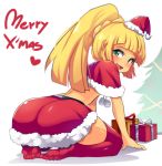  1girl :d all_fours ass bangs blonde_hair blunt_bangs blush braid capelet christmas christmas_tree feet french_braid from_behind full_body fur_trim gift green_eyes hat heart high_ponytail hinghoi lillie_(pokemon) long_hair looking_back merry_christmas mini_hat miniskirt open_mouth pokemon pokemon_(game) pokemon_sm red_hat red_legwear red_skirt santa_costume santa_hat shiny shiny_clothes simple_background sitting skirt smile solo thigh-highs toes tongue tree wariza white_background 