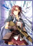  1girl artist_request black_legwear black_ribbon brown_eyes brown_gloves brown_hair copyright_name gloves gun hair_ribbon holding holding_gun holding_weapon long_hair lowres military military_uniform multicolored_hair one_side_up pleated_skirt red_skirt ribbon riela_marcellis riffle senjou_no_valkyria senjou_no_valkyria_3 silver_hair skirt solo thigh-highs two-tone_hair uniform weapon 