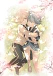  2boys ^_^ blue_eyes blue_hair blurry cherry_blossoms closed_eyes depth_of_field gokotai hair_over_one_eye hug japanese_clothes male_focus multiple_boys ponytail sayo_samonji shorts smile touken_ranbu ui_(majiwi) white_hair 