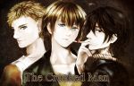  3boys black_jacket blonde_hair blue_eyes brown_hair cigarette david_hoover duke_macgahan highres jacket male_focus multiple_boys open_mouth paul_martin rope_around_neck short_hair smile the_crooked_man wavy_hair 