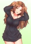  1girl absurdres bare_shoulders blush breasts brown_hair collarbone eyebrows eyelashes fingernails gradient gradient_background green_background hair_intakes highres idolmaster idolmaster_cinderella_girls kawashima_mizuki keffiy long_hair looking_at_viewer medium_breasts naked_sweater open_mouth smile solo sweater twintails yellow_eyes 