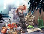  1girl apple bag black_boots black_ribbon boots bottle brown_hair cake coin final_fantasy final_fantasy_xiv food fruit gloves green_eyes hair_ribbon kneeling knife lalafell mitsukura_chikage mouth_hold pen pointy_ears red_ribbon ribbon ribbon_in_mouth shield solo sword twintails tying_hair weapon 