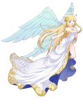  1girl alfheim_no_mamono_tsukai armband artist_request blonde_hair blue_eyes breasts cleavage dress hair_ornament half_updo highres long_hair official_art open_mouth simple_background solo strapless strapless_dress white_background wings 