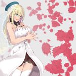  1girl alternate_costume aqua_eyes atago_(kantai_collection) bare_arms bare_shoulders blonde_hair breast_press breasts bridal_veil commentary_request dress eyebrows_visible_through_hair eyes_visible_through_hair floral_background flower garter_straps hair_between_eyes hands_together highres kantai_collection large_breasts long_hair off-shoulder_dress off_shoulder open_mouth panties red_rose rose rose_background short_dress tebi_(tbd11) thigh-highs thighs underwear veil white_dress white_legwear white_panties 