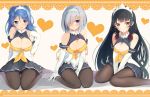  3girls adapted_costume bare_shoulders between_legs black_hair black_legwear blue_eyes blue_hair blush breasts cleavage collar double_bun elbow_gloves eyebrows eyebrows_visible_through_hair feet frilled_collar frills gloves hair_between_eyes hair_ornament hair_over_one_eye hair_ribbon hairband hairclip hamakaze_(kantai_collection) hand_between_legs heart highres isokaze_(kantai_collection) kantai_collection kneeling long_hair looking_at_viewer maid_headdress medium_breasts multiple_girls no_shoes open_mouth pantyhose pleated_skirt red_eyes red_ribbon ribbon short_hair silver_hair skirt tebi_(tbd11) tress_ribbon urakaze_(kantai_collection) v_arms white_gloves 