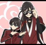  2boys black_hair closed_mouth earrings grin hair_between_eyes height_difference highres horikawa_kunihiro izumi-no-kami_kanesada jacket japanese_clothes jewelry kyoujixxxx letterboxed long_hair multiple_boys pink_background simple_background smile smirk sunglasses touken_ranbu touken_ranbu:_hanamaru track_jacket 