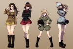  4girls ankle_boots bangs bare_legs black_boots blonde_hair blue_background blue_boots blue_eyes blue_jacket blue_skirt blush boots breasts brown_background brown_eyes brown_hair commentary crossed_arms dragonfly fang female full_body garrison_cap girls_und_panzer gradient gradient_background grey_background hair_over_one_eye hand_on_hip hat helmet holding holding_helmet insect jacket katyusha knee_boots large_breasts legs long_hair long_sleeves looking_at_viewer m2b mika_(girls_und_panzer) military military_uniform miniskirt multiple_girls nishi_kinuyo nishizumi_maho open_mouth pleated_skirt puffy_pants red_skirt salute short_hair short_jumpsuit skirt smile solo standing tank_helmet thighs track_jacket uniform wind yellow_skirt 