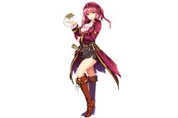  1girl artist_request belt blue_eyes boots crossed_arms detached_sleeves flower_knight_girl full_body gazenia_(flower_knight_girl) headband holding jewelry knee_boots long_coat looking_at_viewer miniskirt pink_hair short_hair skirt solo standing transparent_background 