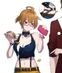  :t ahoge bare_shoulders belt breasts character_request choker cleavage directional_arrow eating food food_on_face girls_frontline glasses highres navel red-framed_eyewear simple_background suspenders white_background xiu_jiayihuizi 