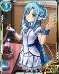  1girl asuna_(sao-alo) blue_bow blue_eyes blue_hair bow chocolate cooking indoors long_hair looking_at_viewer pleated_skirt pointy_ears skirt smile solo sword_art_online white_skirt wrist_cuffs 