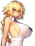  1girl armpits bangs bare_arms bare_shoulders black_necktie blonde_hair blush braid breasts fate/apocrypha fate_(series) from_side frown highres large_breasts long_hair looking_at_viewer looking_to_the_side melon22 necktie nose_blush parted_lips ruler_(fate/apocrypha) shirt sideboob simple_background single_braid sleeveless sleeveless_shirt solo sweat upper_body violet_eyes white_background white_shirt 