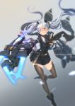  1girl ayaki black_legwear blurry claws depth_of_field grey_eyes hair_ornament highres looking_at_viewer mechanical_arm original scarf science_fiction silver_hair skirt thigh-highs twintails weapon 