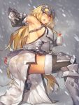  1girl armpits ass black_legwear blonde_hair blue_eyes blush breasts directional_arrow fate/grand_order fate_(series) fur-trimmed_legwear gauntlets highres large_breasts long_hair looking_at_viewer melon22 open_mouth ruler_(fate/apocrypha) sideboob snowing solo thigh-highs thighs very_long_hair 