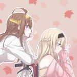  2girls ahoge alternate_costume bag bare_shoulders braid brown_hair casual double_bun french_braid hairband kantai_collection kongou_(kantai_collection) leaf light_brown_hair maple_leaf multiple_girls pin.s plastic_bag smelling sweater violet_eyes warspite_(kantai_collection) wheelchair 