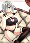  1girl black_legwear blue_eyes blush breasts cat_cutout cat_ear_panties cat_lingerie cleavage collarbone couch hair_ornament hair_over_one_eye hairpin hamakaze_(kantai_collection) highres kantai_collection looking_at_viewer navel sheita short_hair silver_hair sitting solo thigh-highs wavy_mouth 
