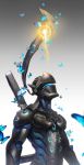  1boy 2016 armor artist_name bodysuit butterfly cyborg genji_(overwatch) glowing gradient gradient_background grey_background headband helmet highres katana looking_up mask orb overwatch power_armor sheath sheathed signature sun_stark sword upper_body weapon 