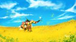  blue_sky buzzwole clouds cutiefly field flower flower_field flying hand_on_hip horizon looking_at_another muscle no_humans outdoors outstretched_arm petals pokemon pokemon_(game) pokemon_sm rapeseed_blossoms signature sky tarai_(silica5) 