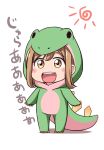  1girl blush_stickers brown_hair chibi dinosaur_costume highres hoshino_ouka kunikida_hanamaru love_live! love_live!_sunshine!! sparkling_eyes 