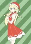  1girl adapted_costume alternate_eye_color aqua_eyes bangs bare_arms bare_shoulders blonde_hair blunt_bangs blush braid christmas closed_mouth collared_dress dress eyebrows_visible_through_hair fingers_together flat_chest fur_trim green_background green_eyes haru_(pixiv1793501) hat lillie_(pokemon) long_hair pokemon pokemon_(game) pokemon_sm red_dress red_hat santa_costume santa_hat sleeveless sleeveless_dress smile snowman solo standing striped striped_background twin_braids 