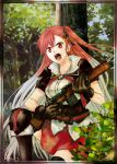  1girl artist_request black_gloves black_legwear black_ribbon brown_eyes forest gloves gun hair_ribbon holding holding_gun holding_weapon long_hair lowres military multicolored_hair nature one_knee one_side_up open_mouth outdoors pleated_skirt red_skirt redhead ribbon riela_marcellis riffle senjou_no_valkyria senjou_no_valkyria_3 silver_hair skirt solo thigh-highs tree two-tone_hair weapon 
