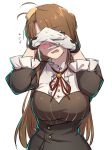  1girl blush breasts brown_hair character_request covering_face embarrassed flying_sweatdrops girls_frontline gloves large_breasts long_hair open_mouth simple_background solo white_background white_gloves xiu_jiayihuizi 