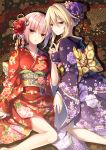  2girls alternate_costume alternate_hairstyle artoria_pendragon_alter_(fate/grand_order) breasts fate/grand_order fate_(series) florence_nightingale_(fate/grand_order) flower grey_eyes hair_flower hair_ornament highres japanese_clothes kimono light_brown_hair looking_at_viewer multiple_girls obi parted_lips saber saber_alter sash silver_hair sitting smile toosaka_asagi wariza 